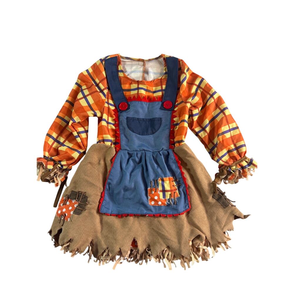 Girls Scarecrow Costume Halloween Plaid Overall Dress Patchwork Kids 21" sz 4/5